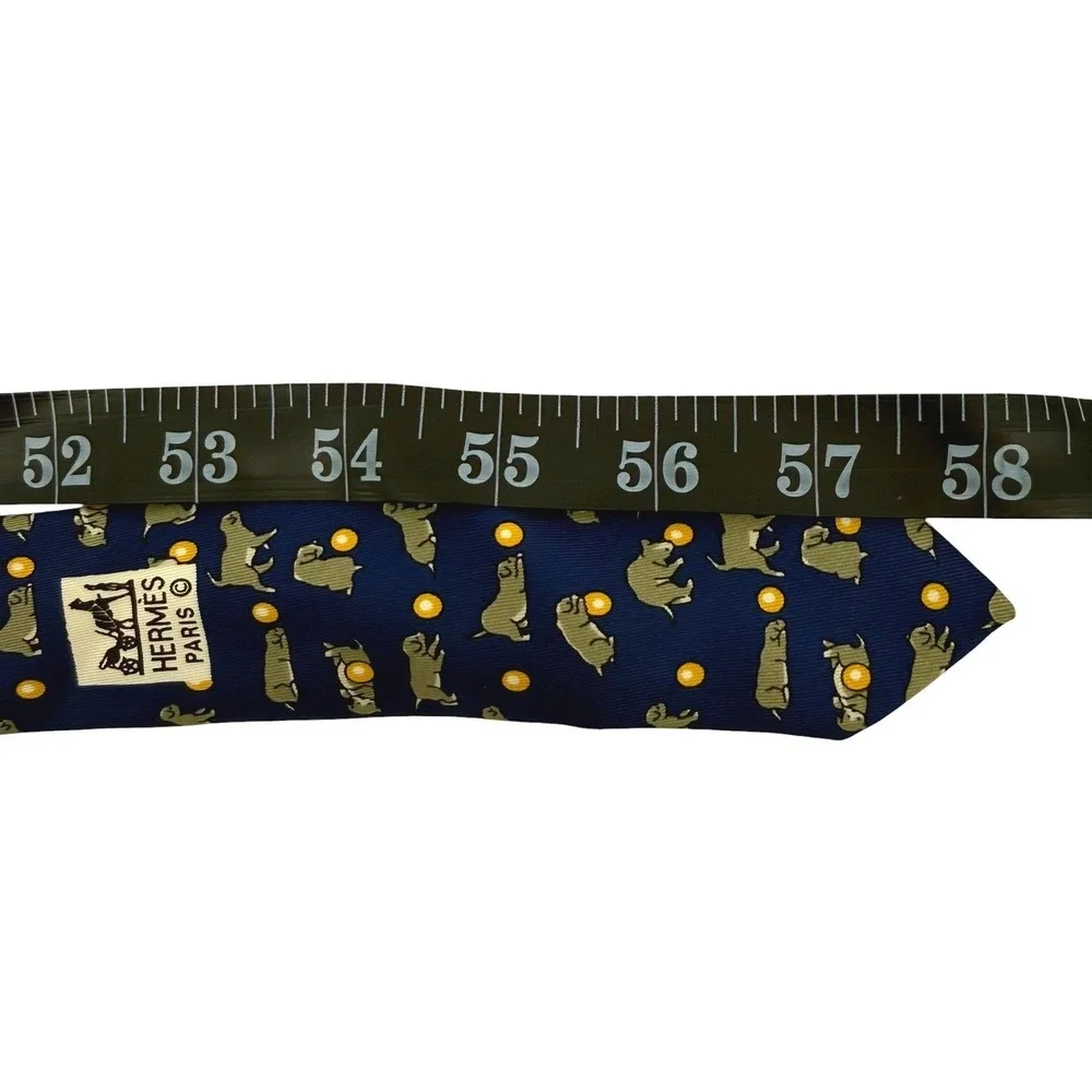 Hermes Paris Mens Silk Tie Navy Blue Puppy Dog Ball Novelty Print Made in France